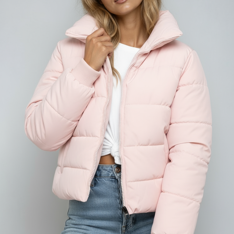 Korte Puffer Jas – Comfortabele Hoge Kraag Detail