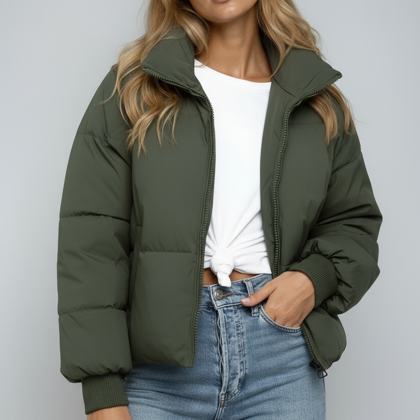 Korte Puffer Jas – Comfortabele Hoge Kraag Detail