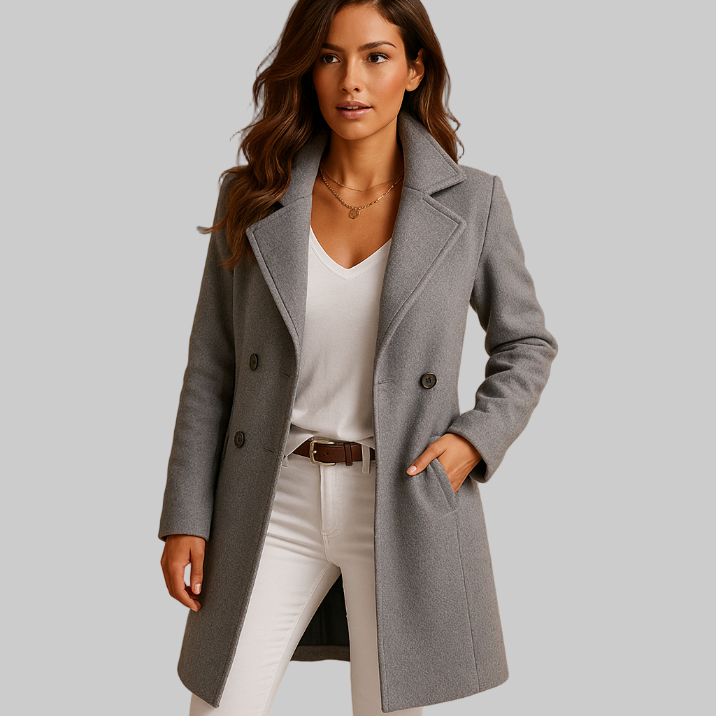 Elegante Lange Jas – Dubbele Rij Knopen Detail