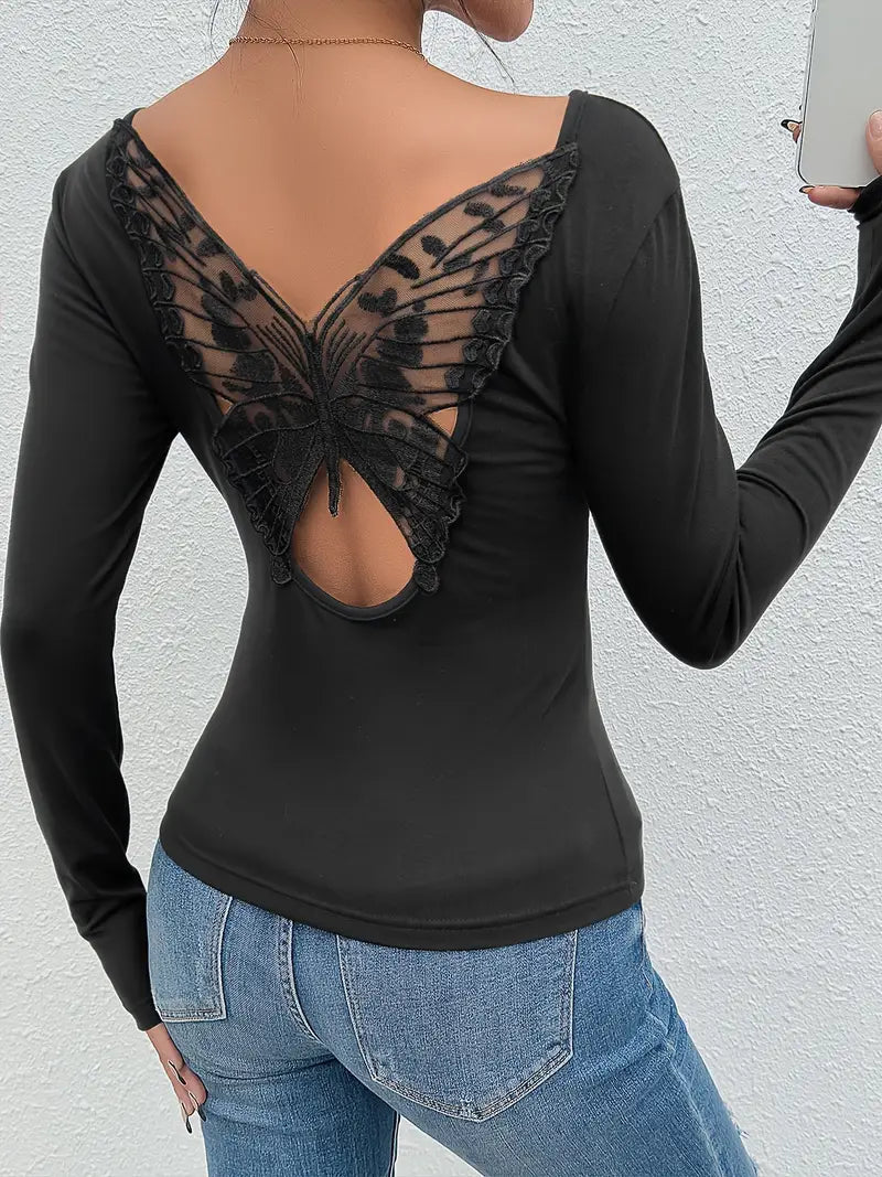 Strakke Lange Mouwen Top – Vlinder Cut-out Rugdetail