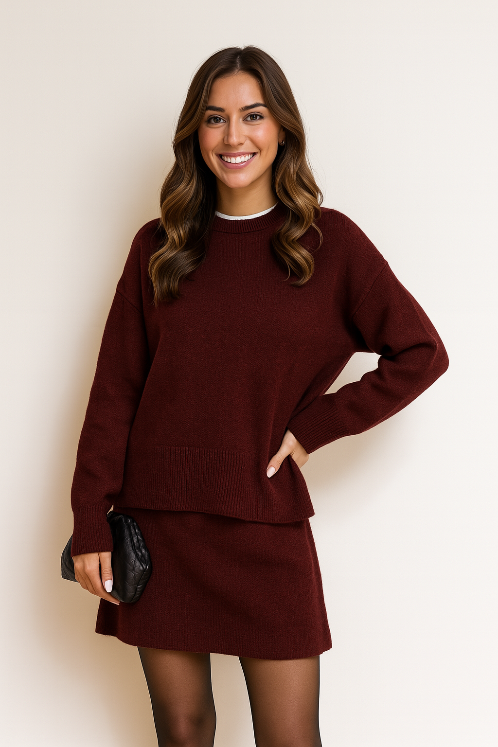 Bordeaux Gebreide Set – Relaxte Trui & Rok