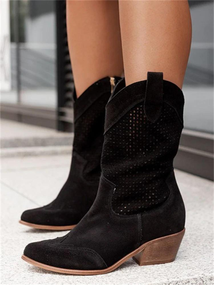 Perforatie Cowboy Laarzen – Suède Look Mid-Calf