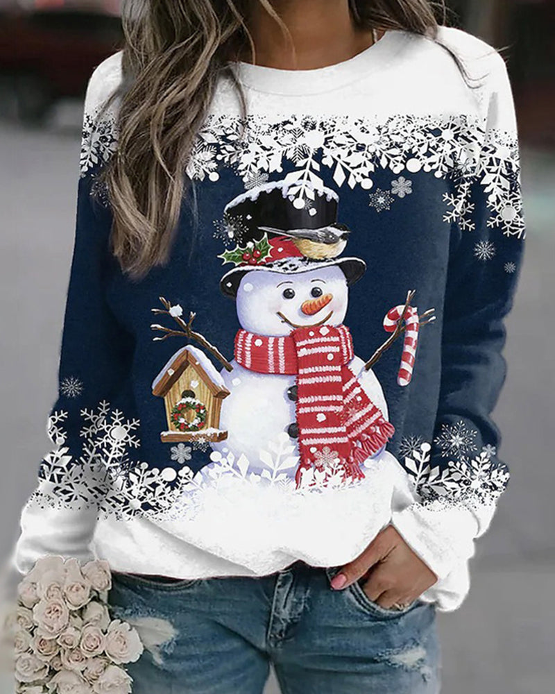Meerkleurig kerstsweatshirt met sneeuwpoppen in de kleur Marineblauw voor dames in stijl ideaal voor de herfst.