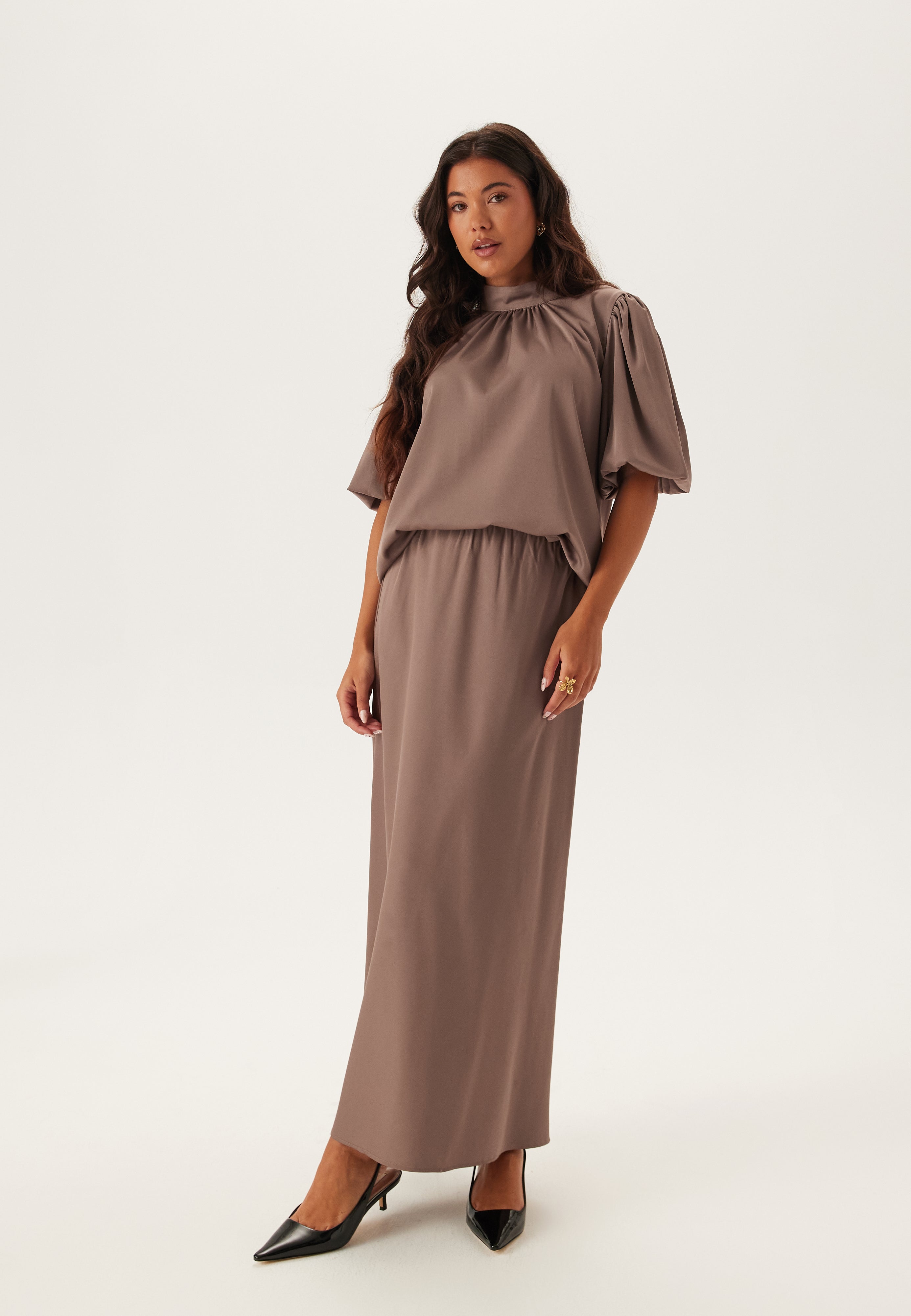 Plooi Top met Opstaande Kraag en Pofmouwen