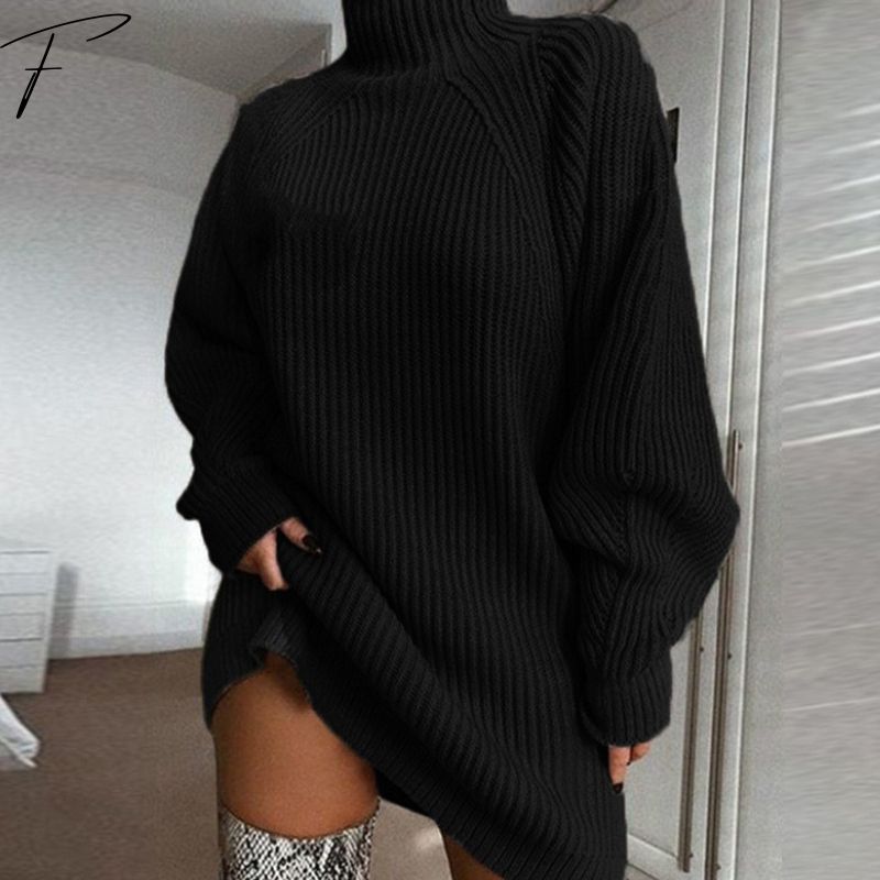 Oversized Gebreide Turtleneck Jurk – Ribbelstructuur