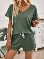 Emora Nova - Dames Loungewear Set met V-hals en Short - Comfortabel Wafelknit