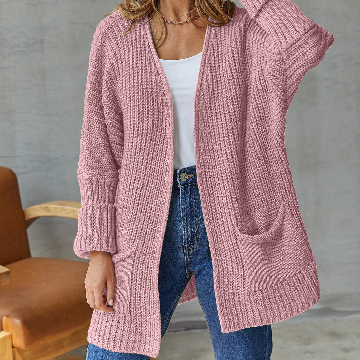 Lange Gebreide Cardigan – Dikke Ribsteek Mouwen