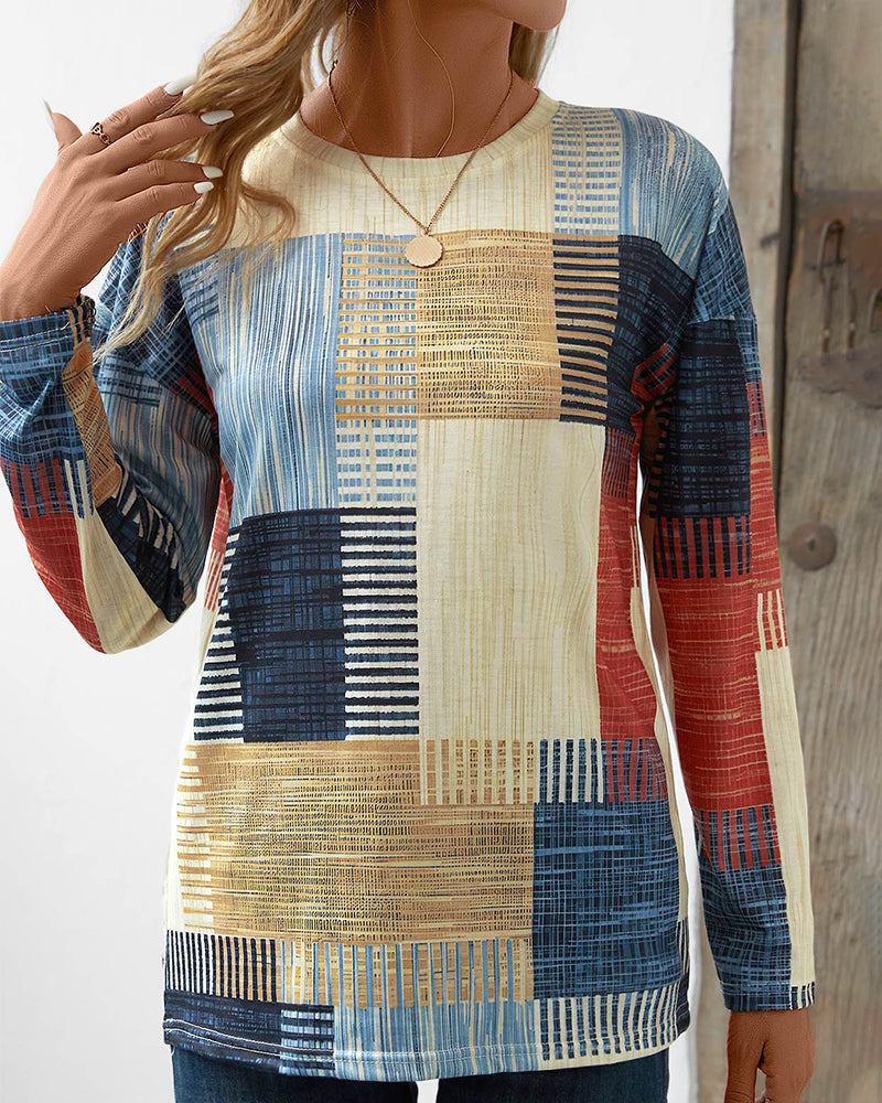 Dames Patchwork Print Relaxed Fit Top - Casual Wear