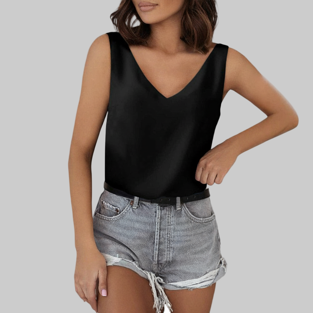 Zwarte Zijdeachtige Tanktop – Diepe V-Hals Mouwloos