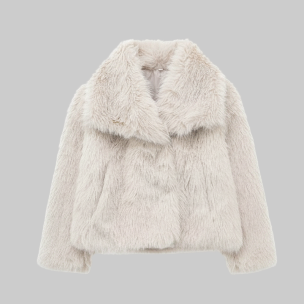 Luxe Pluche Jas met Overslagkraag en Kort Model