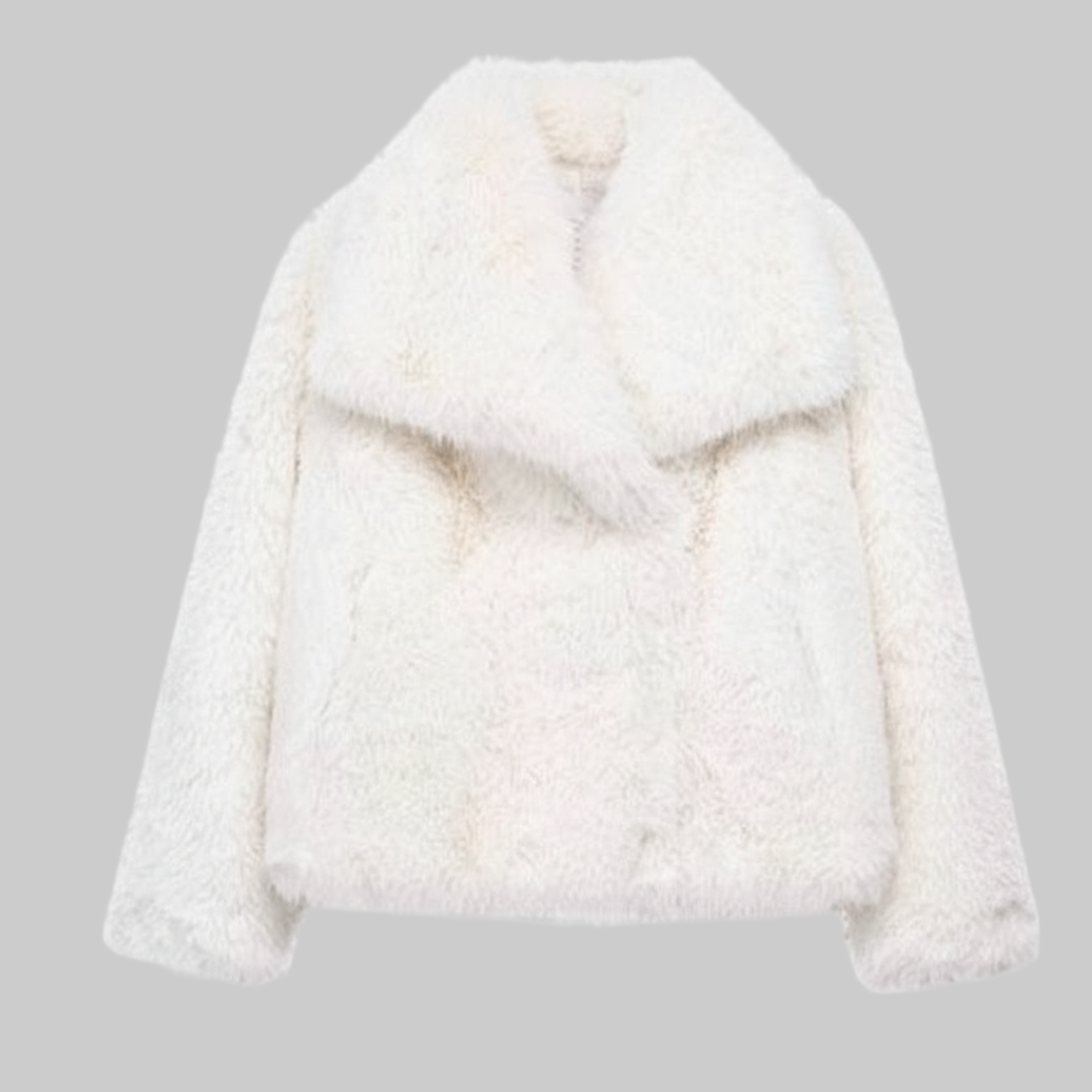 Luxe Pluche Jas met Overslagkraag en Kort Model