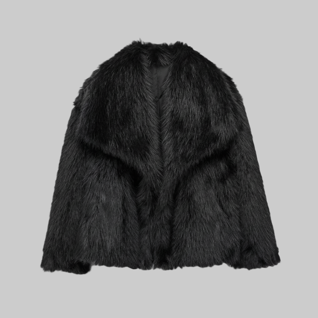 Luxe Pluche Jas met Overslagkraag en Kort Model