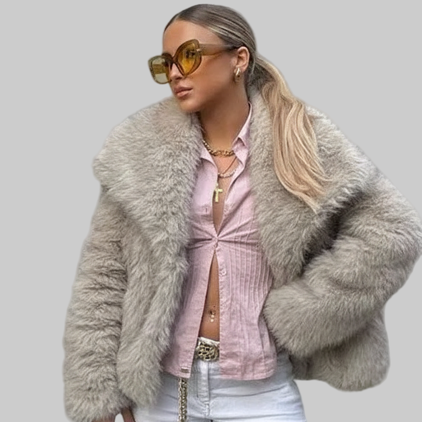 Luxe Pluche Jas met Overslagkraag en Kort Model