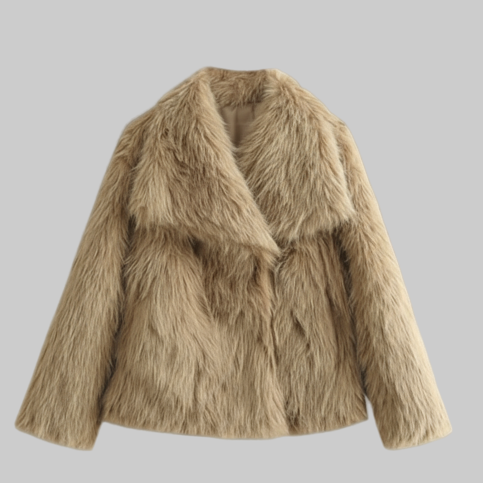 Luxe Pluche Jas met Overslagkraag en Kort Model