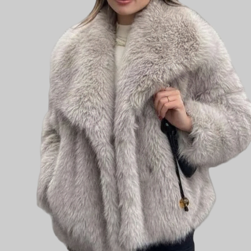 Luxe Pluche Jas met Overslagkraag en Kort Model