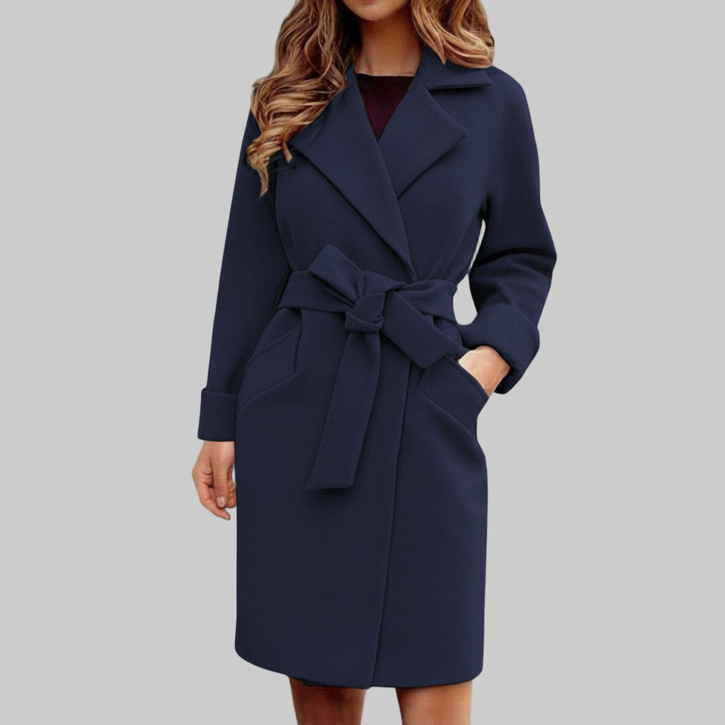 Lange Trenchcoat Dames – Effen Blauw Met Strikceintuur