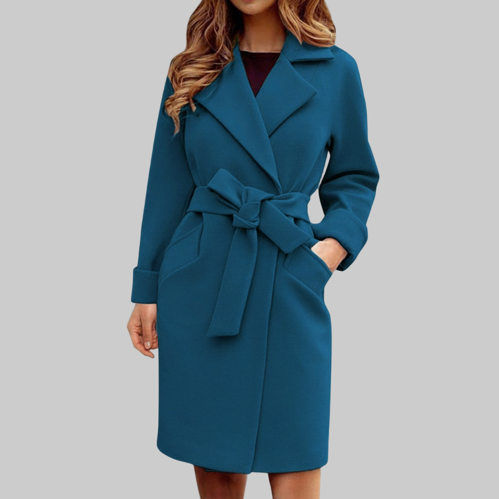Lange Trenchcoat Dames – Effen Blauw Met Strikceintuur