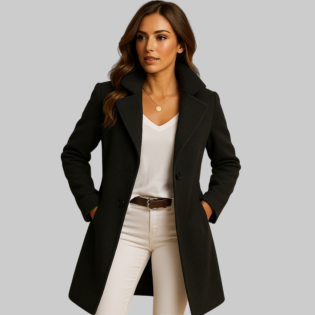 Elegante Lange Jas – Dubbele Rij Knopen Detail