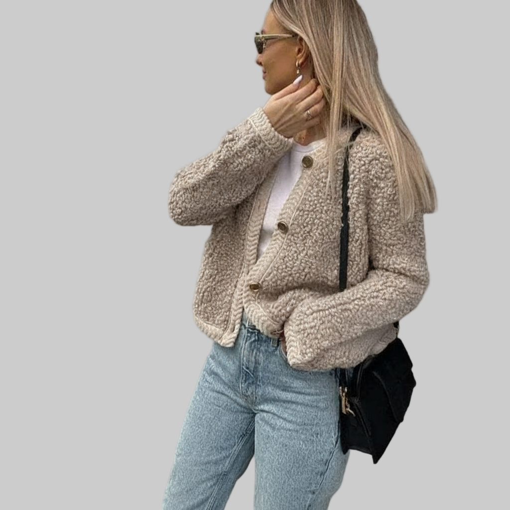 Teddy Vest met Ronde Hals – Gebreide Bouclé Structuur