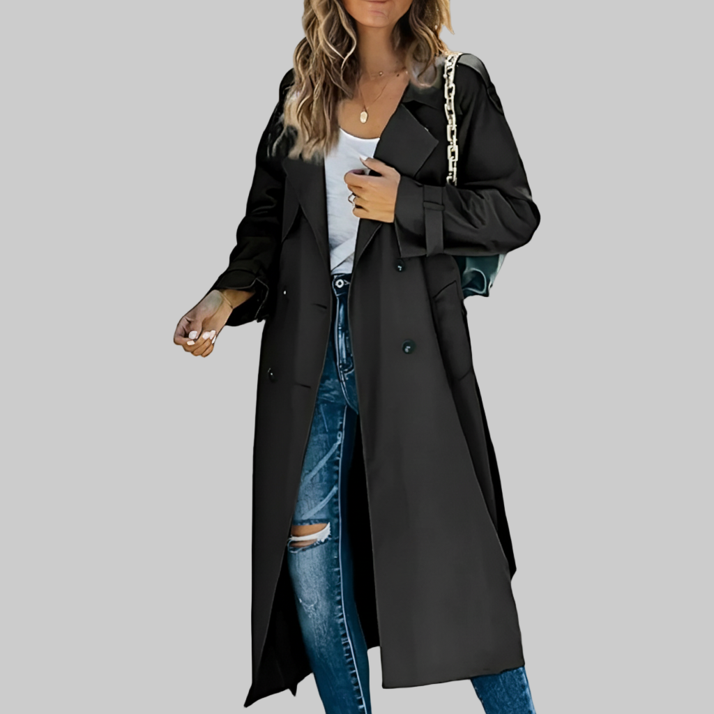 Lange Trenchcoat – Dubbele Rij Knopen Stijl