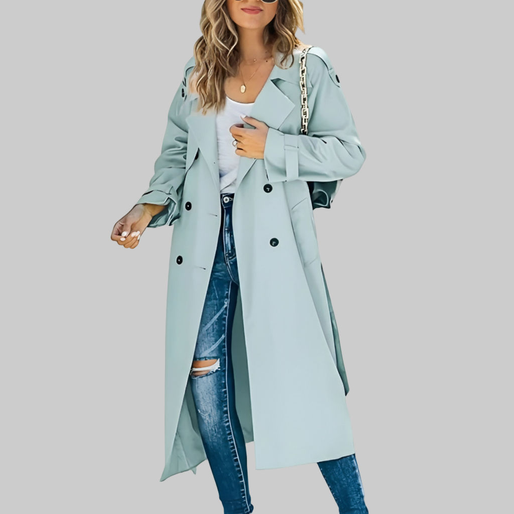 Lange Trenchcoat – Dubbele Rij Knopen Stijl