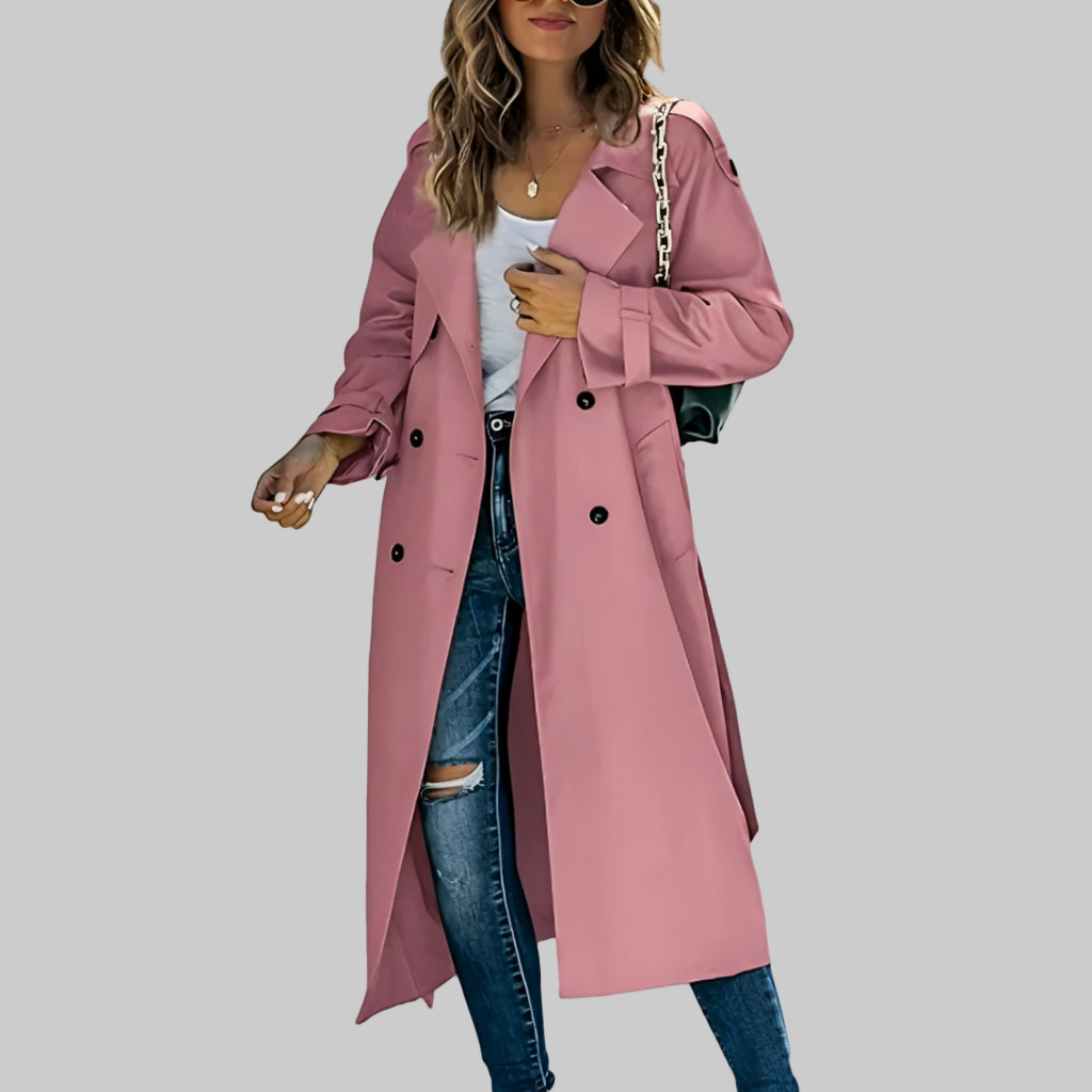 Lange Trenchcoat – Dubbele Rij Knopen Stijl