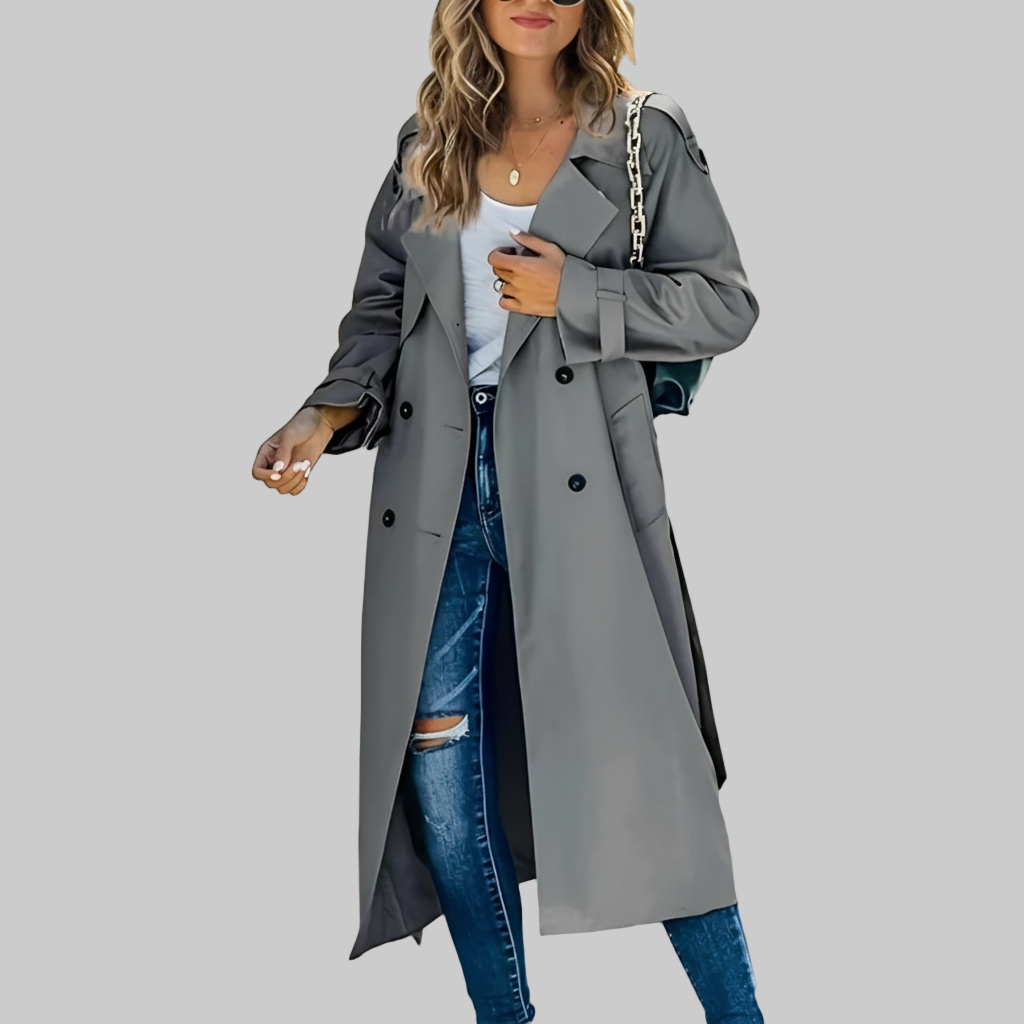 Lange Trenchcoat – Dubbele Rij Knopen Stijl