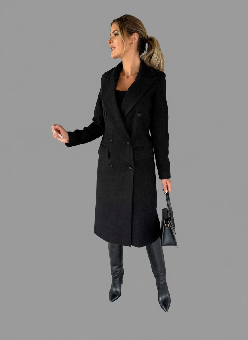 Lange Dubbelrijige Mantel – Gestructureerde Wolmix