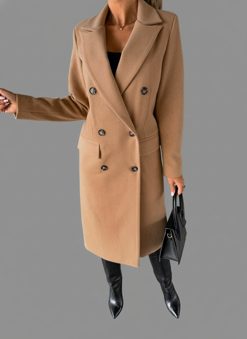 Lange Dubbelrijige Mantel – Gestructureerde Wolmix