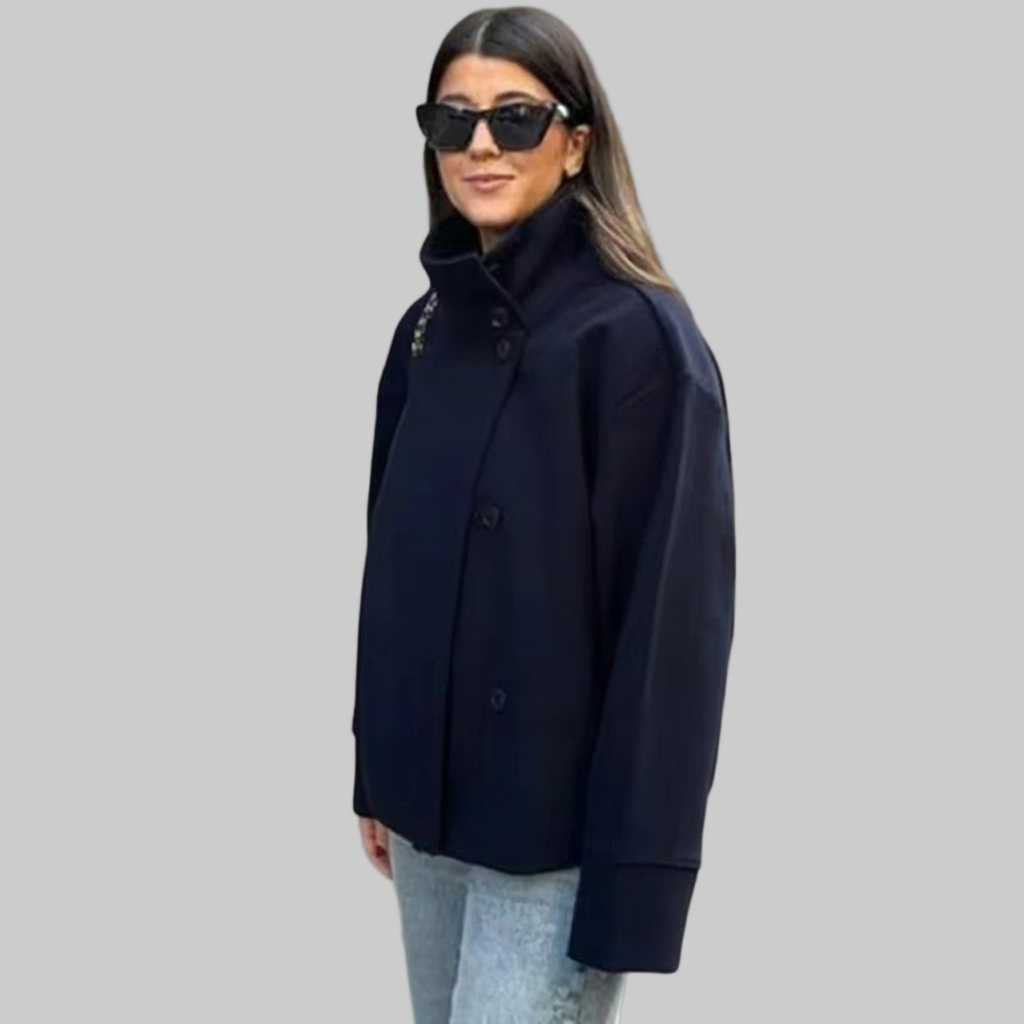 Korte Dubbele Knopen Jas – Opstaande Kraag Design