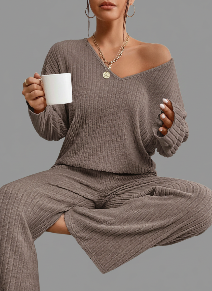 Geribbelde Tweedelige Set – Losse Pasvorm V-hals