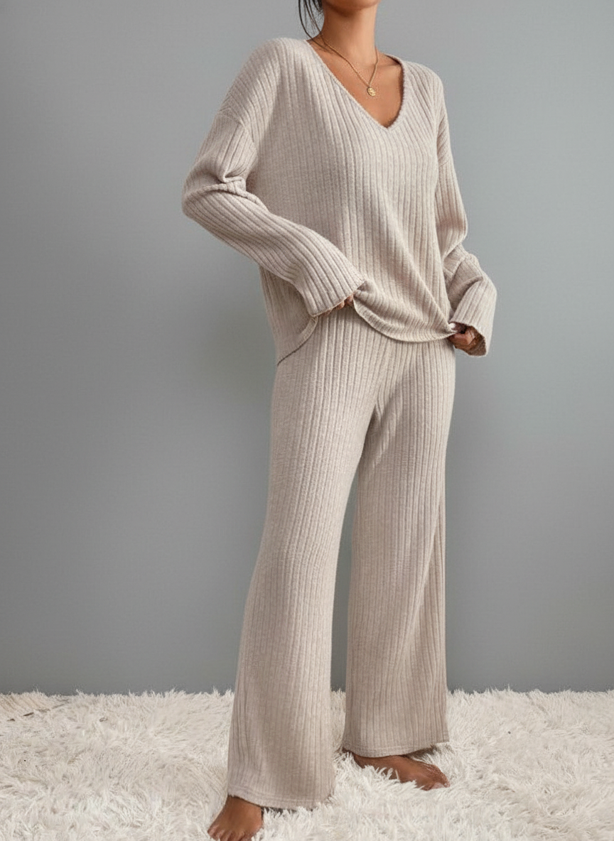 Geribbelde Tweedelige Set – Losse Pasvorm V-hals