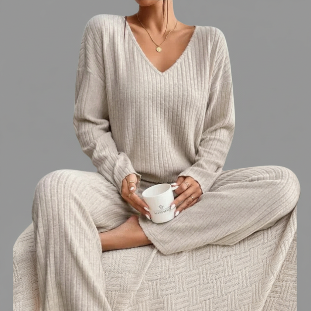 Geribbelde Tweedelige Set – Losse Pasvorm V-hals