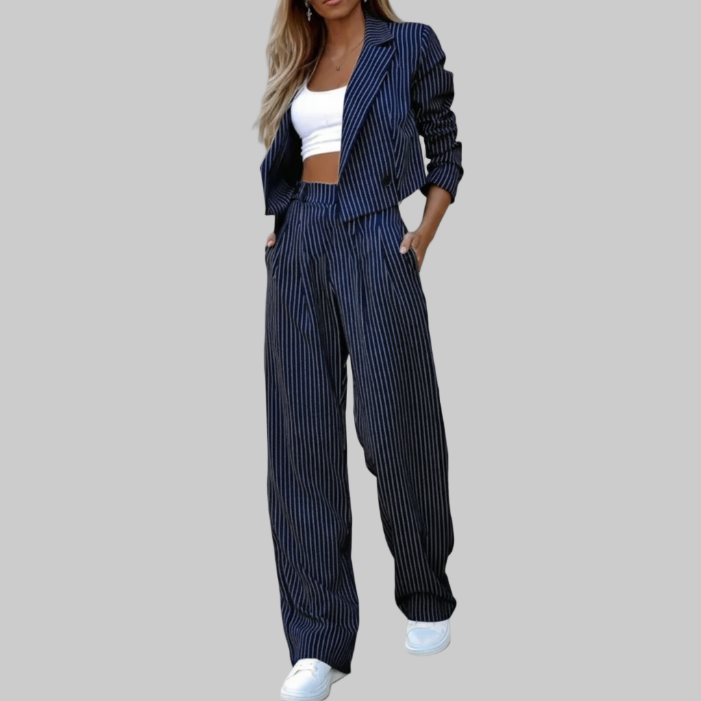Gestreepte Cropped Blazer Set – Gestructureerde Pinstripe Look