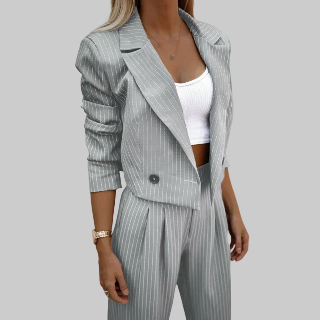 Gestreepte Cropped Blazer Set – Gestructureerde Pinstripe Look