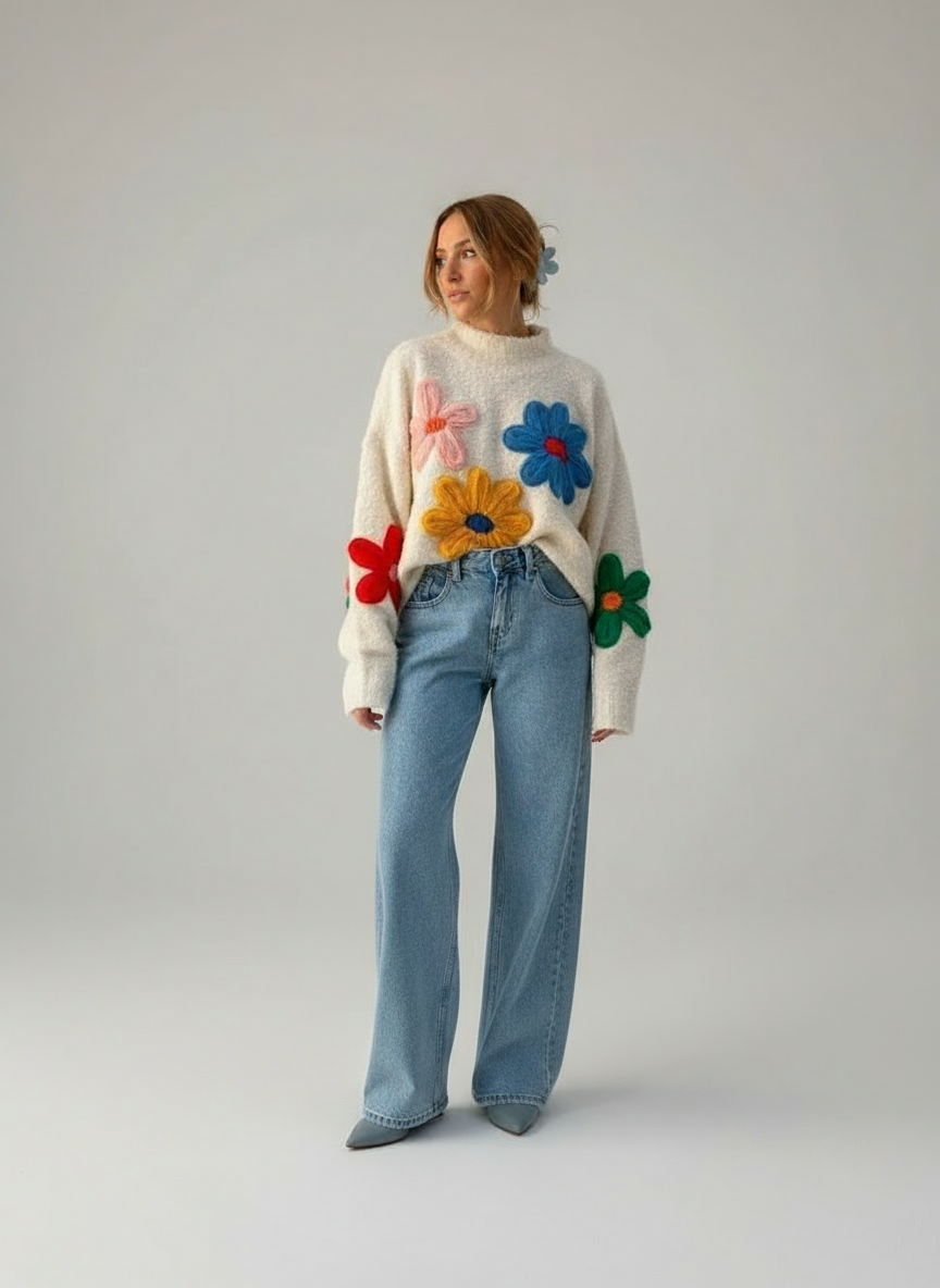 Gebreide Trui – Gedetailleerde Bloemenapplicaties
