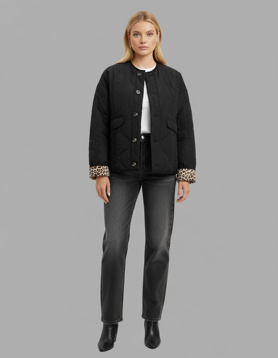 Gevoerde Bomberjack – Leopardmanchetten Detail