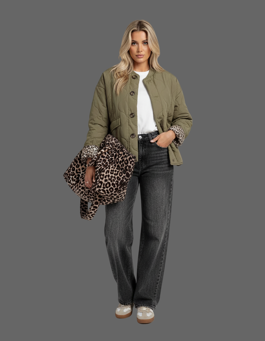 Gevoerde Bomberjack – Leopardmanchetten Detail