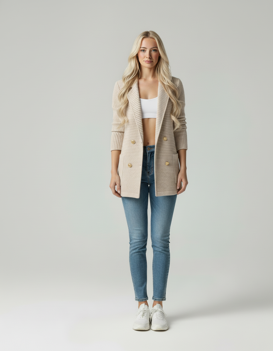 Emora Nova - Moderne Vrouw Gebreide Double-Breasted Blazer - Casual Chic