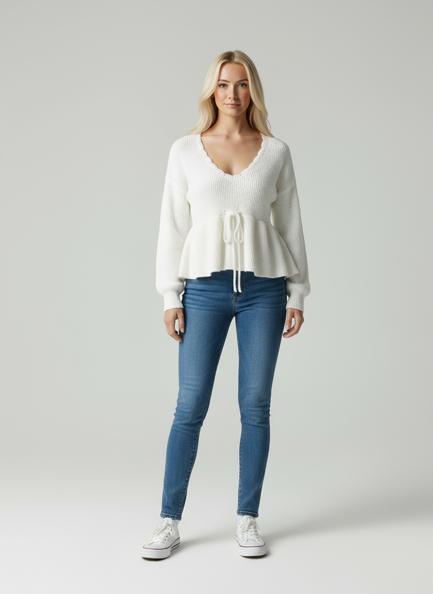 Emora Nova - Dames Gebreide Peplum Trui met V-hals en Tailleband - Herfst