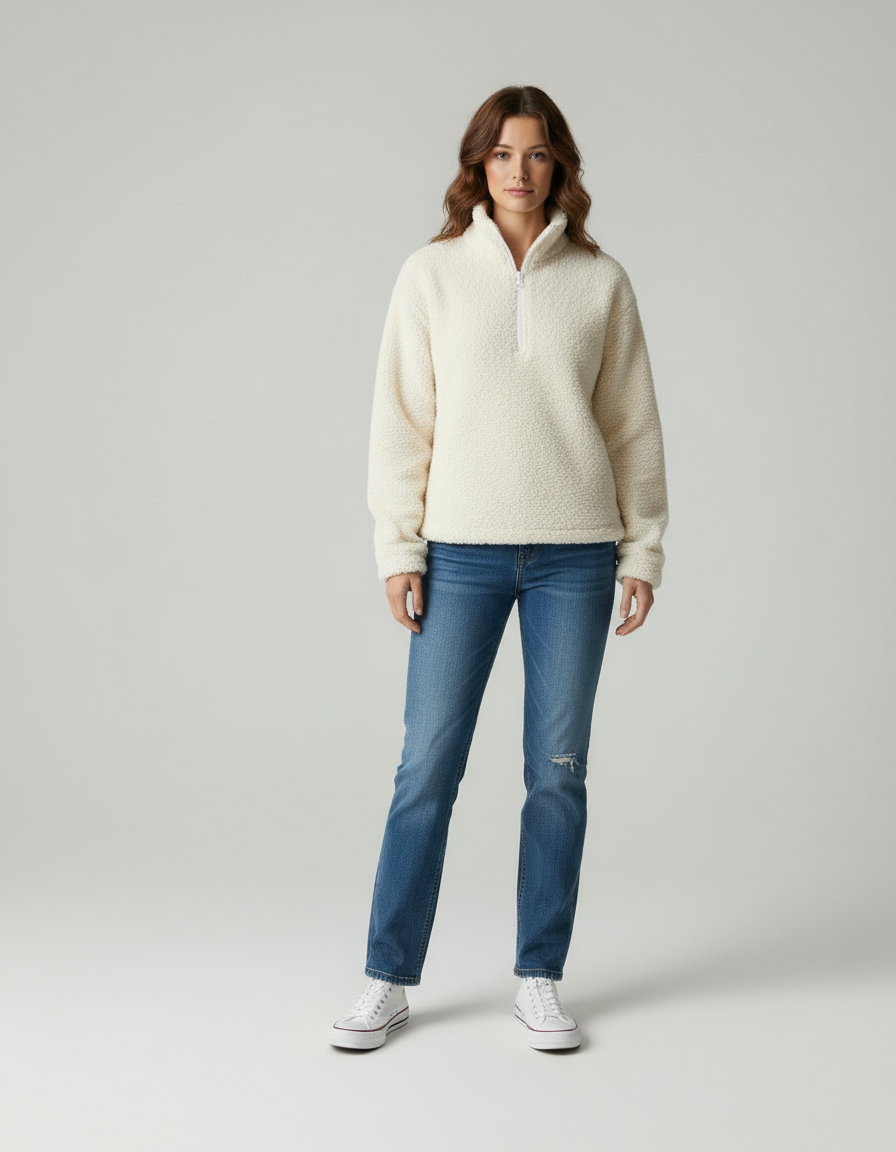 Roos I Comfortabele Dames Teddy Trui met Halve Rits