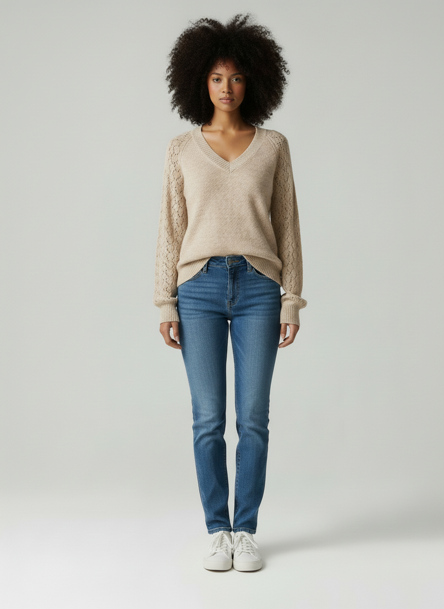 Emora Nova - Trendy Dames Top met Openwerk Mouwen - Lente
