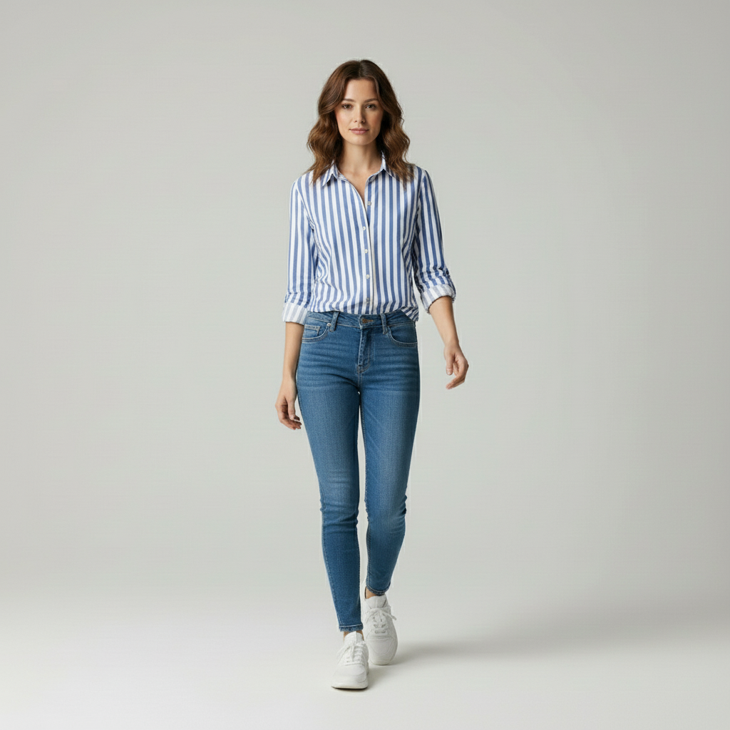 Emora Nova - Dames Klassieke Gestreepte Blouse met Opgerolde Mouwen