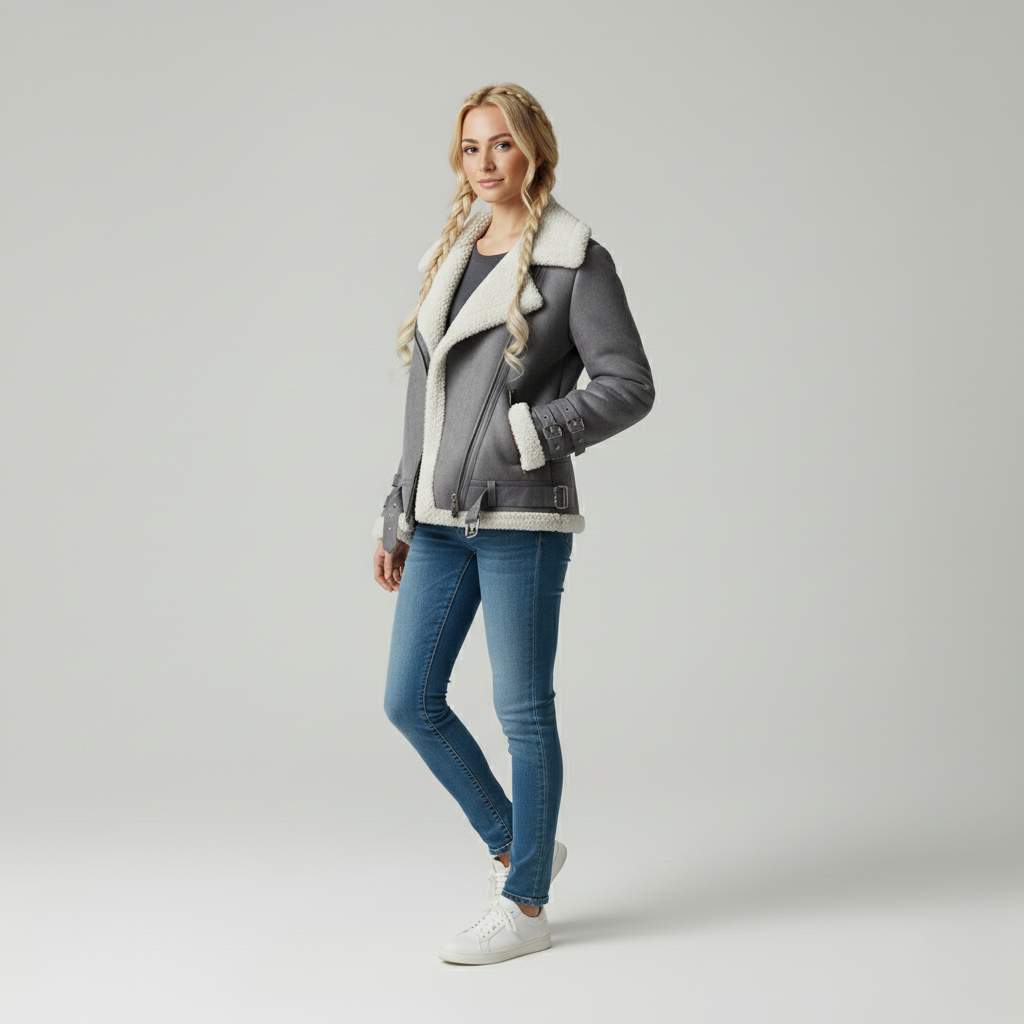 Emora Nova - Stijlvolle Dames Bikerjack met Faux Shearling Voering