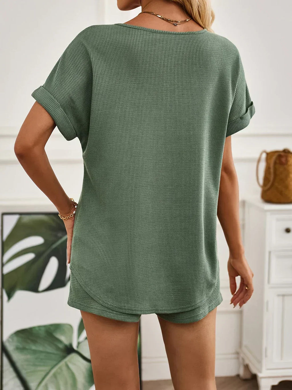 Emora Nova - Dames Loungewear Set met V-hals en Short - Comfortabel Wafelknit