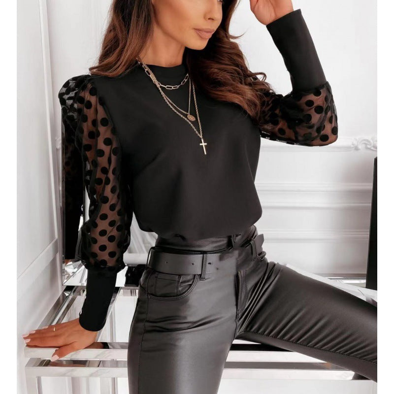 Emora Nova - Dames Blouse met Piekfijne Polka Dot Mesh Mouwen