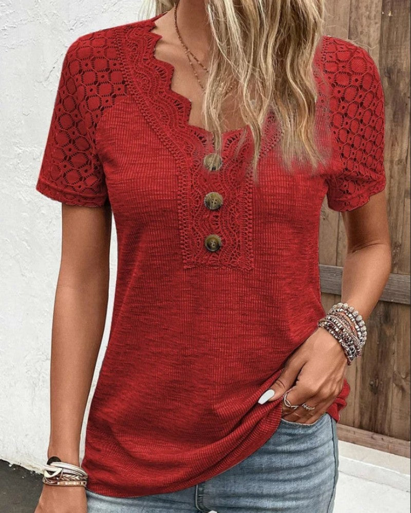 Emora Nova - Casual Dames Top met Kanten Details en Korte Mouwen