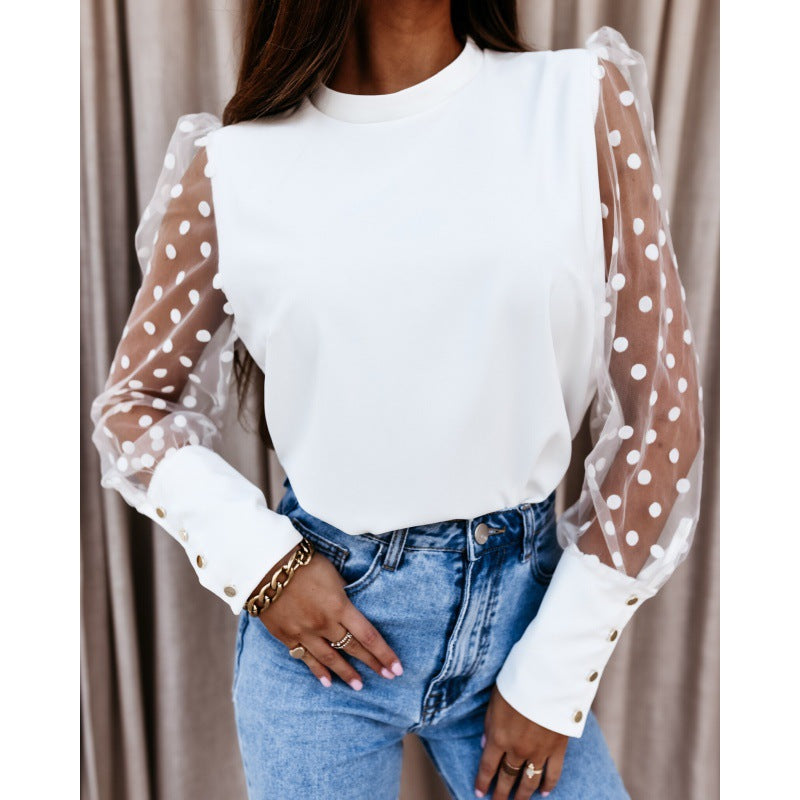 Emora Nova - Dames Blouse met Piekfijne Polka Dot Mesh Mouwen