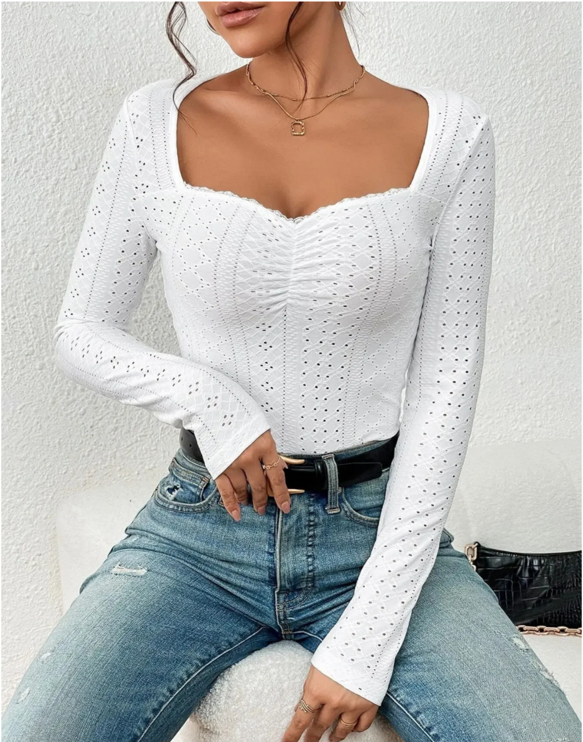 Emora Nova - Vrouwen Elegante Top met Kant en Eyelet Detail