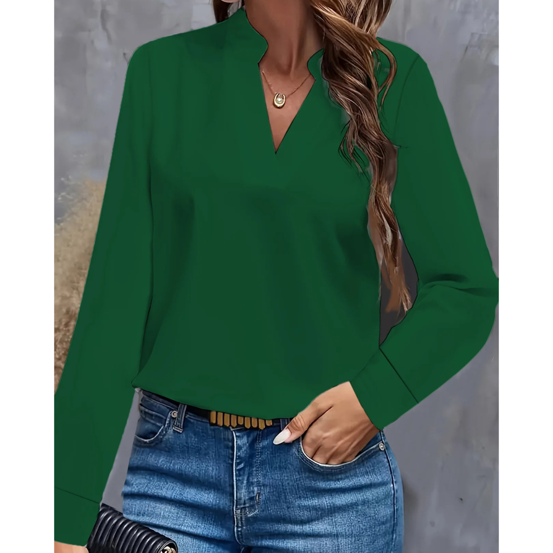 Formele Blouse met Lange Mouwen – Opstaande V-Hals